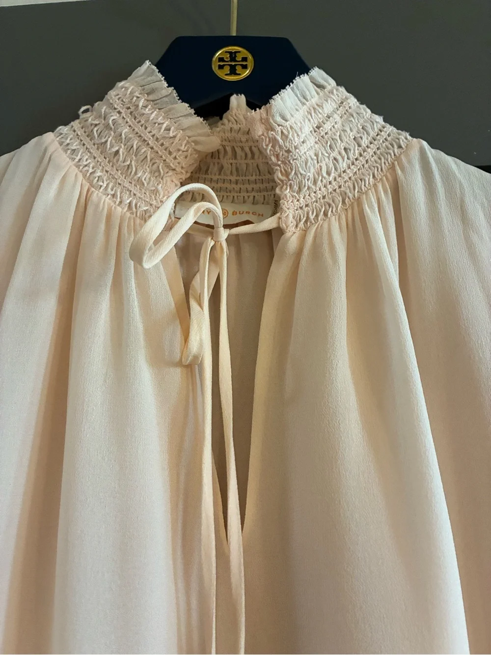 Tory Burch Soft Pink Feminine Smocked-Neck Long Sleeve Blouse - Picture 2 of 9